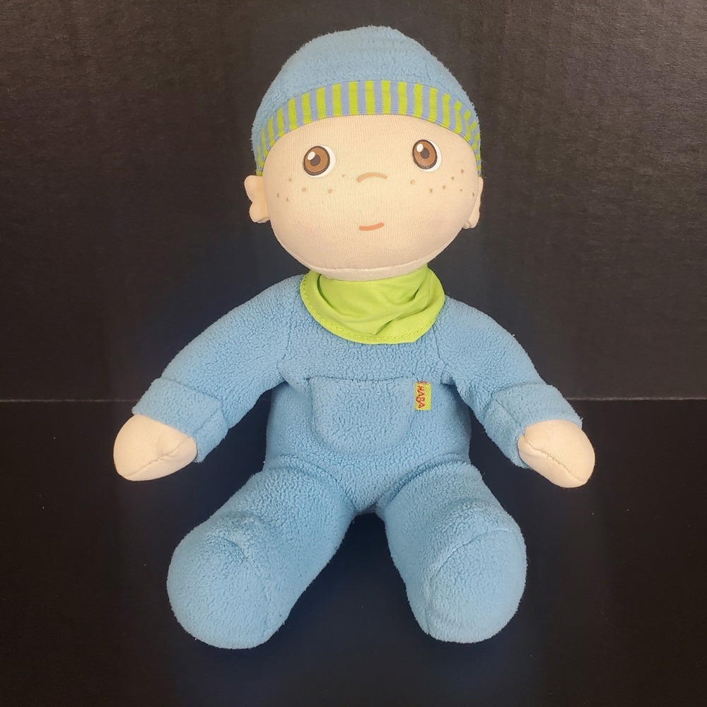 Haba Snug-up First Boy Baby Doll Luis 9" Plush Stuffed Freckles Blue Pocket
